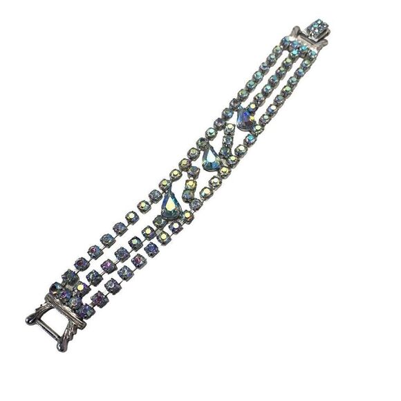 Vintage 50s Dazzling Blue Brilliant AB Prong Set Glass Rhinestones 4Row Bracelet - Picture 9 of 10